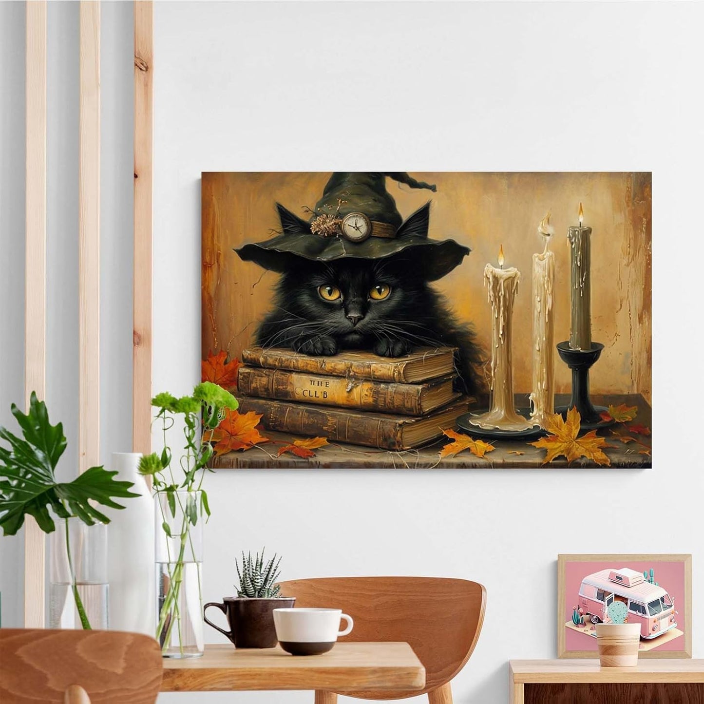 Vintage Halloween wall decoration black cat and magic book suitable for home bedroom living room decoration dark classic art witch wall decoration8x12in Wood Framed