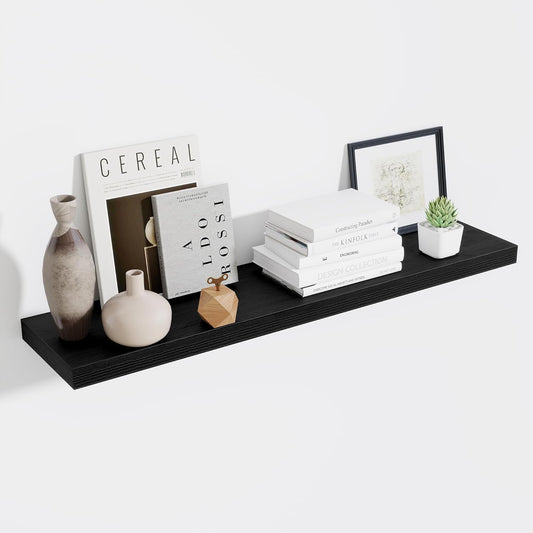 Fun Memories 10 Inch Deep Shelves, Floating Shelves for Wall 48 Inches Long, Wood Floating Shelves for Wall, Large Storage Shelves Wall Mount for Living Room Bedroom, Black, Set of 1