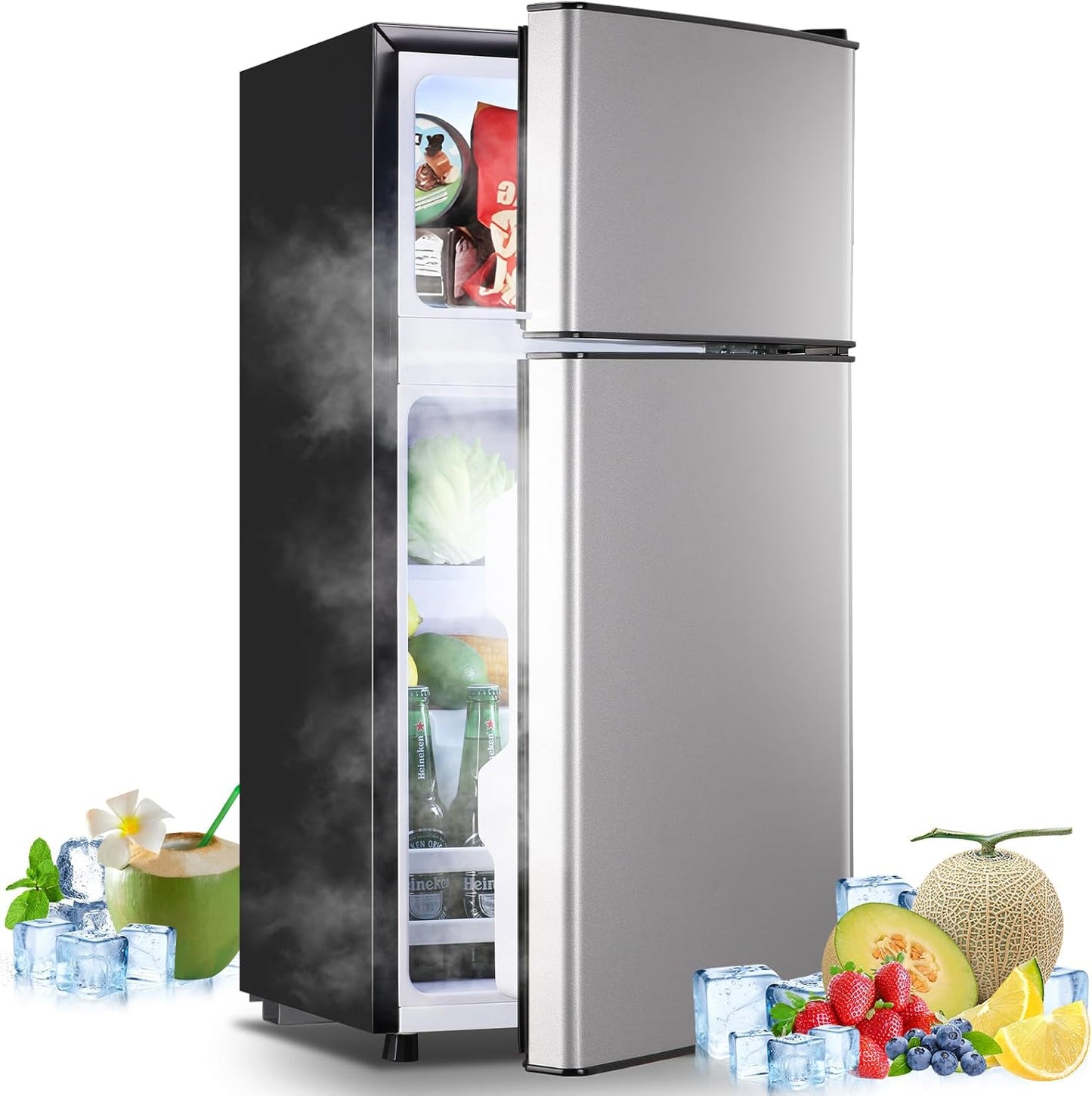 2.4 Cu.ft Mini Fridge Small Refrigerator with Freezer Dual Door Dorm Fridge for Personal Senven Temp Gear Suit for Apartment, Bedroom, Rv Silver