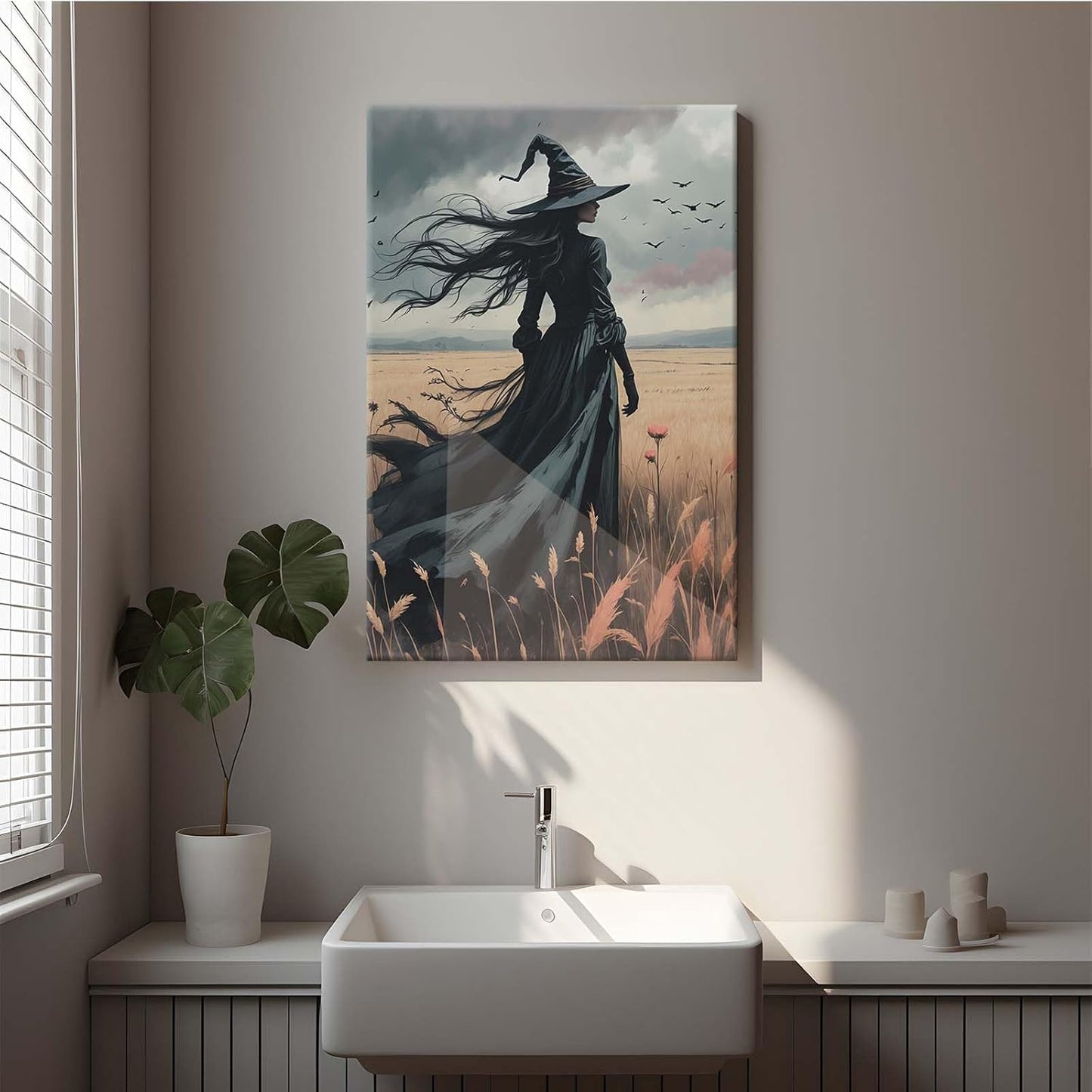 Gothic Decor Canvas Wall Art Witch in Rice Field Halloween Art Decor Print Nature Print Victorian Home Bedroom16x24in Wood Framed
