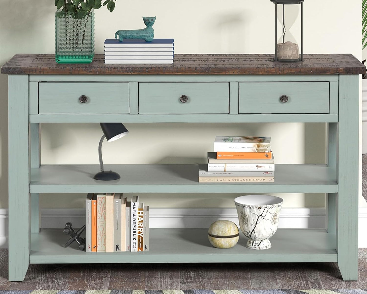 Solid Wood Console Table Sofa Table with Storage Drawers and Bottom Shelf Entryway Table for Entry Hallway Foyer Sofa Couch Table,Fully Assembled (48.8" Green)