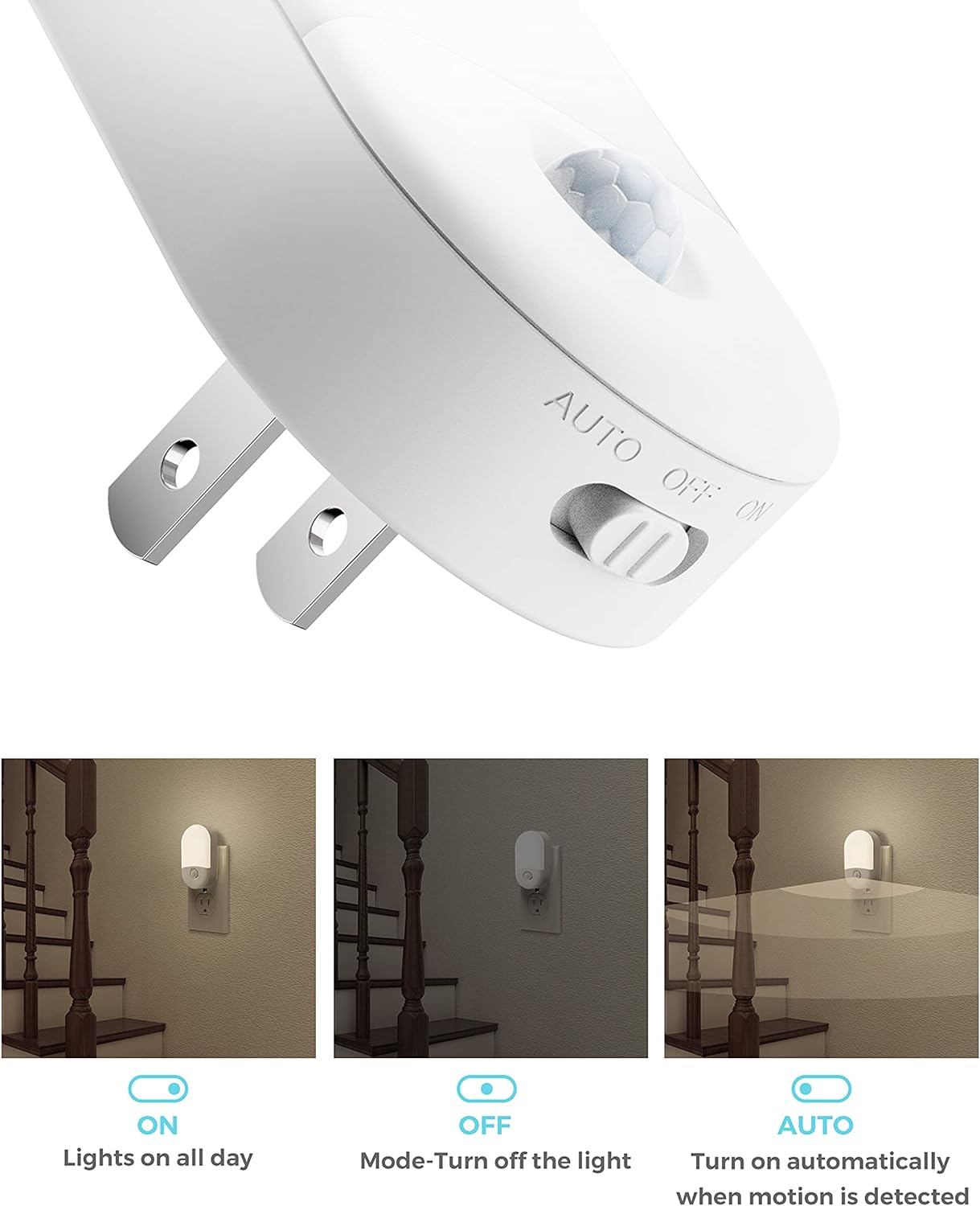 L LOHAS LED Motion Sensor Night Light Plug in, Motion Activated Night Light, 5000K Daylight White, Night Light Plug Into Wall, Adjustable Brightness, Night Light for Bathroom, Kids, Hallway, 4 Pack