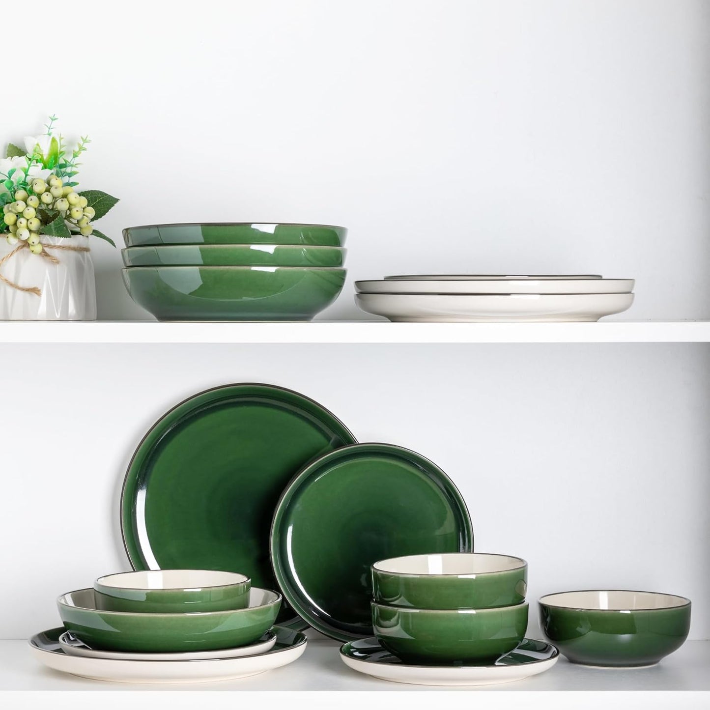 GBHOME Ceramic Dinnerware Sets with Pasta Bowl, 16 pcs Stoneware Dinnerware Set, Plates and Bowls Sets, Dishwasher & Microwave Safe, Dishes Set | Service for 4