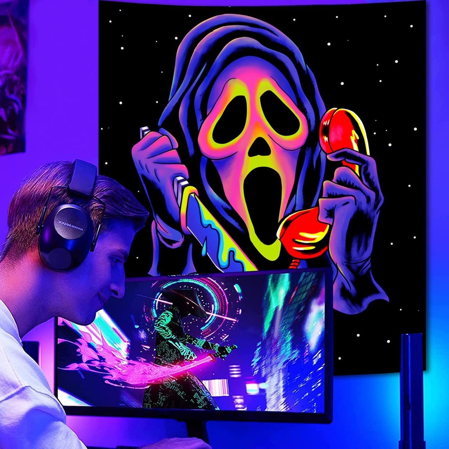 SparkLia Blacklight Horror Skull Tapestry, UV Reactive Neon Scary Face Wall Hanging, Glow in the Dark Spooky Decor for Bedroom, Gaming Room & Party - 51 x 59 inches