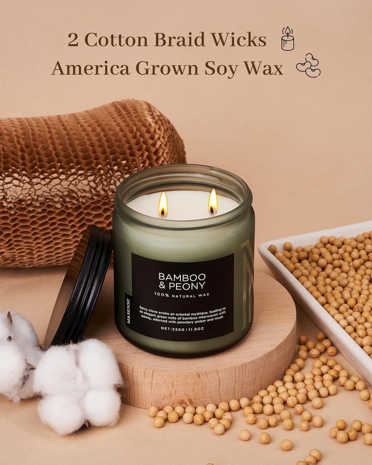 M&SENSE Bamboo Peony Scented Candle, 11.6oz Aromatherapy Jar Candle, 70 Hour Burn Time, Natural Soy Wax Blend, Stress Relief, Home Fragrance