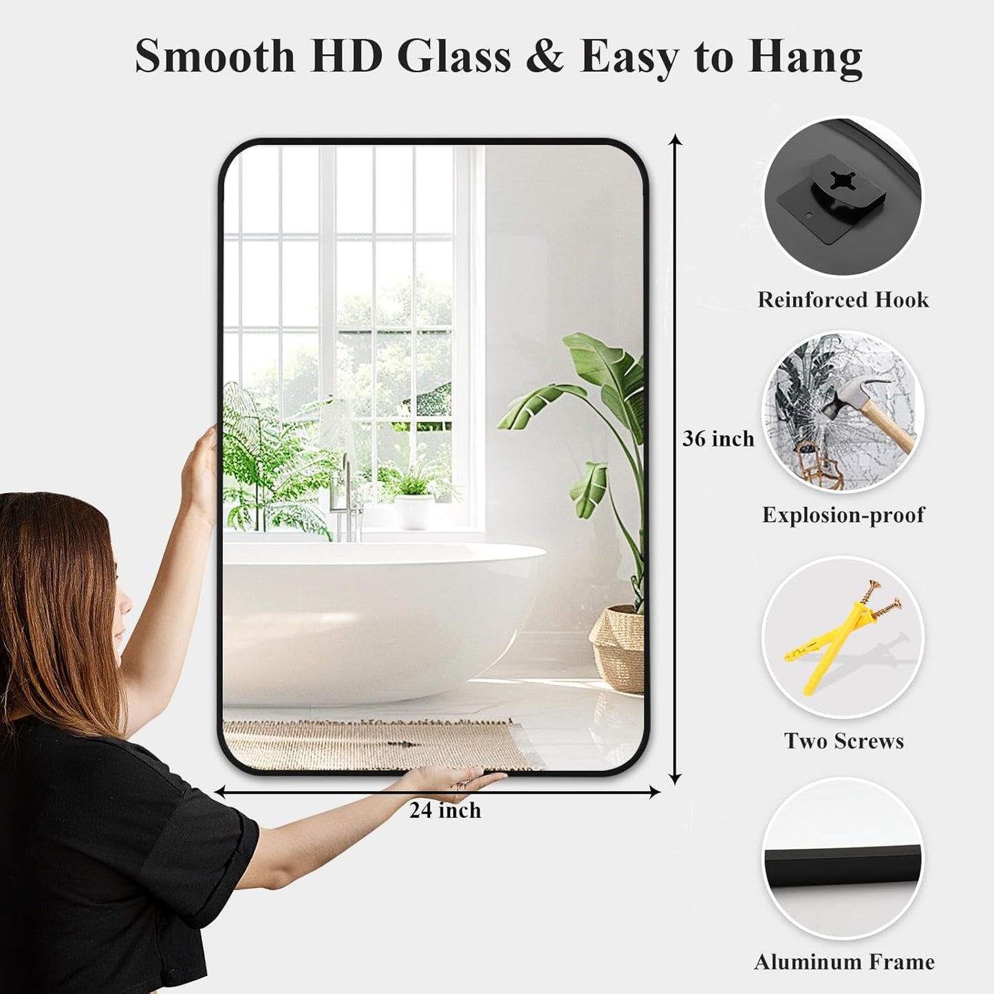 Fabuday Black Bathroom Mirror for Over Sink Wall - 24x36 Rectangle Mirror with Matte Metal Frame, Big Rounded Rectangular Vanity Mirrors for Bedroom, Living Room, Entryway, Horizontally/Vertically