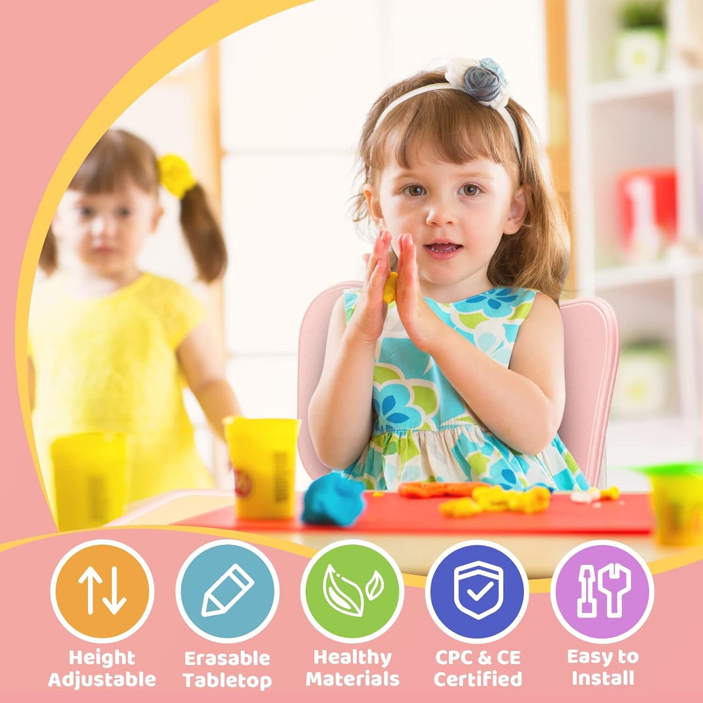 FUNLIO Kids Table and 4 Chairs Set, Height Adjustable Toddler Table and Chair Set for Ages 3-8, Easy to Wipe Arts & Crafts Table, for Classrooms/Daycares/Homes, CPC & CE Approved (5-Piece Set) - Pink