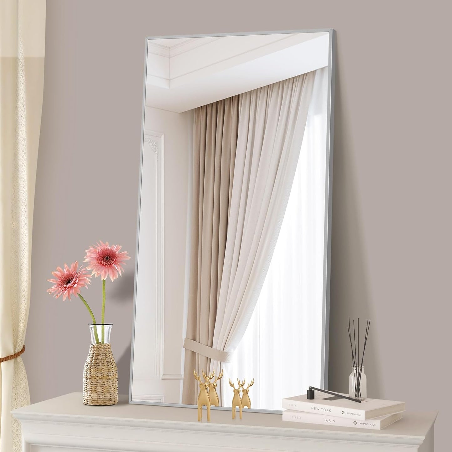 48x24In Silver Bathroom Mirror for Wall, Brushed Nickel Rectangle Mirrors with Metal Frame, Bathroom Rectangular Mirror Modern Wall Mirror for Bedroom Living Room, Hangs Horizontal or Vertical