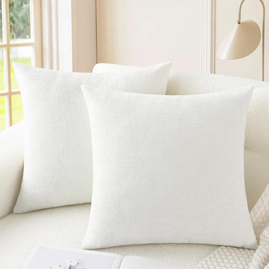 CaliTime Throw Pillow Covers Decorative 20 X 20 Inches Pack of 2 Cozy Chenille Cushion Cases for Couch Sofa Bed Living Room Home True White