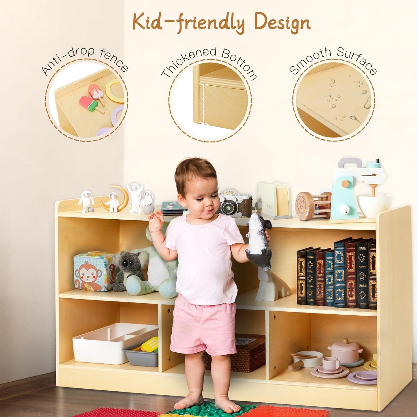 Montessori Shelf, Wooden Toy Storage Organizer for Books Toys, 2 Shelf Bookcase, 5-Section Storage Cabinet, Toddler Book Shelf for Kids Rooms, Playroom, Nursery, Kindergarten (Natural)