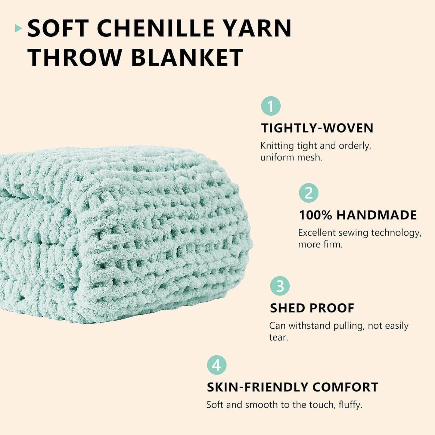 L'AGRATY Chunky Knit Blanket Throw: 50''x60'' Chenille Chunky Knitted Throw Blanket for Bed Couch - Handmade Thick Big Cable Knit Blanket - Large Crochet Rope Blanket for Home Decor(Mint Green)