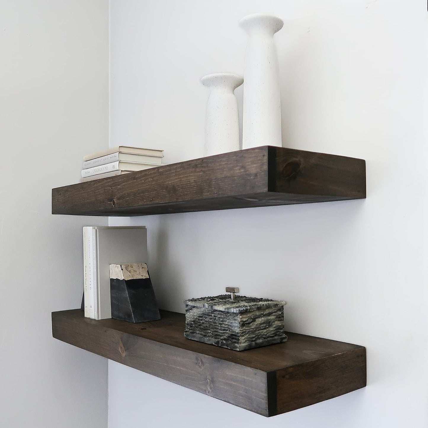Modern Floating Shelves 3 Inches Thick for Wall, Wide Shelves for Kitchen, Living Room, Bedroom, and Bathroom, Natural Pine Wood, Rustic Wooden Shelf, (Set of 2) (Jacobean, 24Lx3Hx8D)