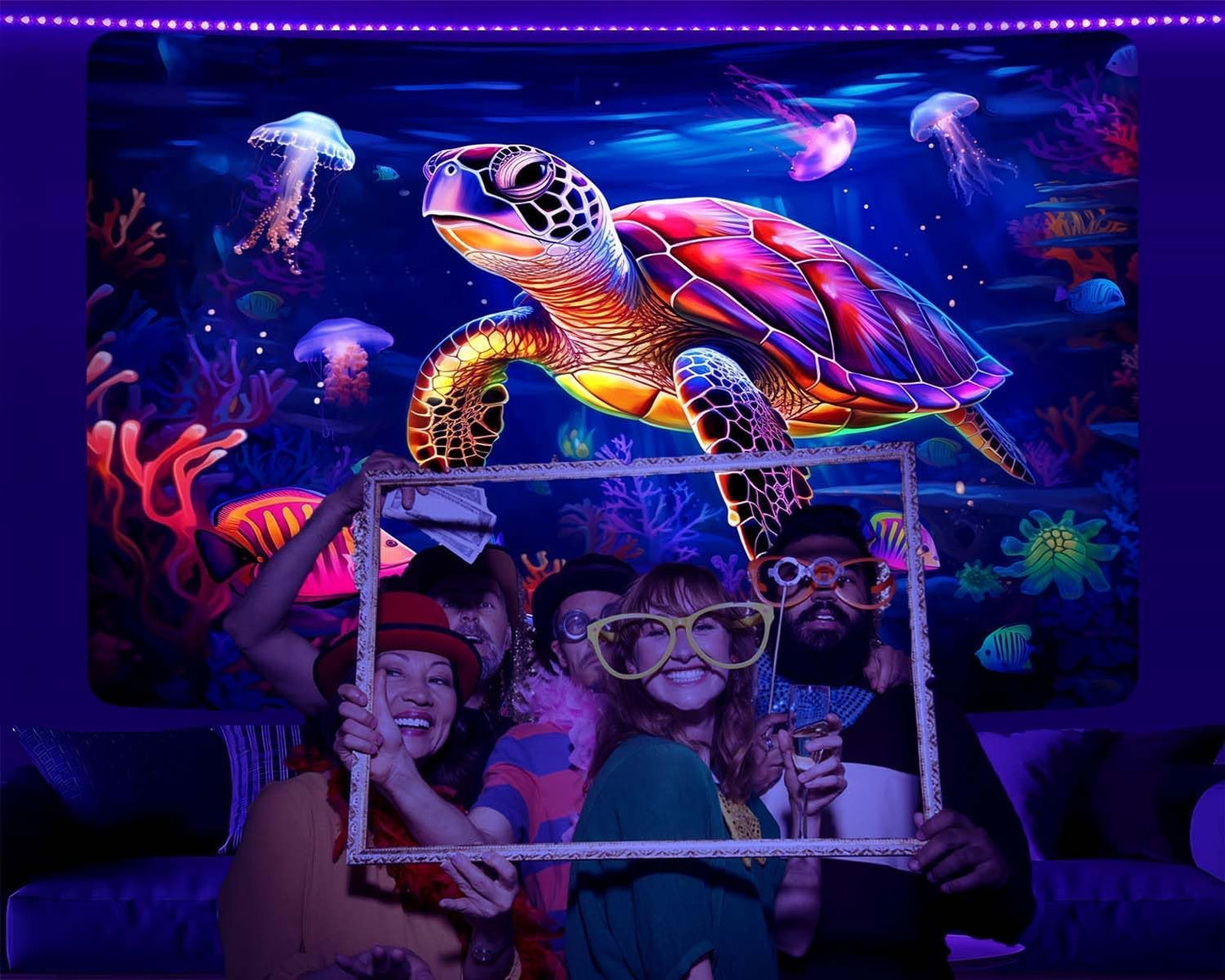 QGHOT Turtle Tapestry, Blacklight Ocean Wall Hanging Undersea Black Light Poster for Kids Glow in the Dark Kids Tapestry for Bedroom Children Toddler Room Decor 60x50in