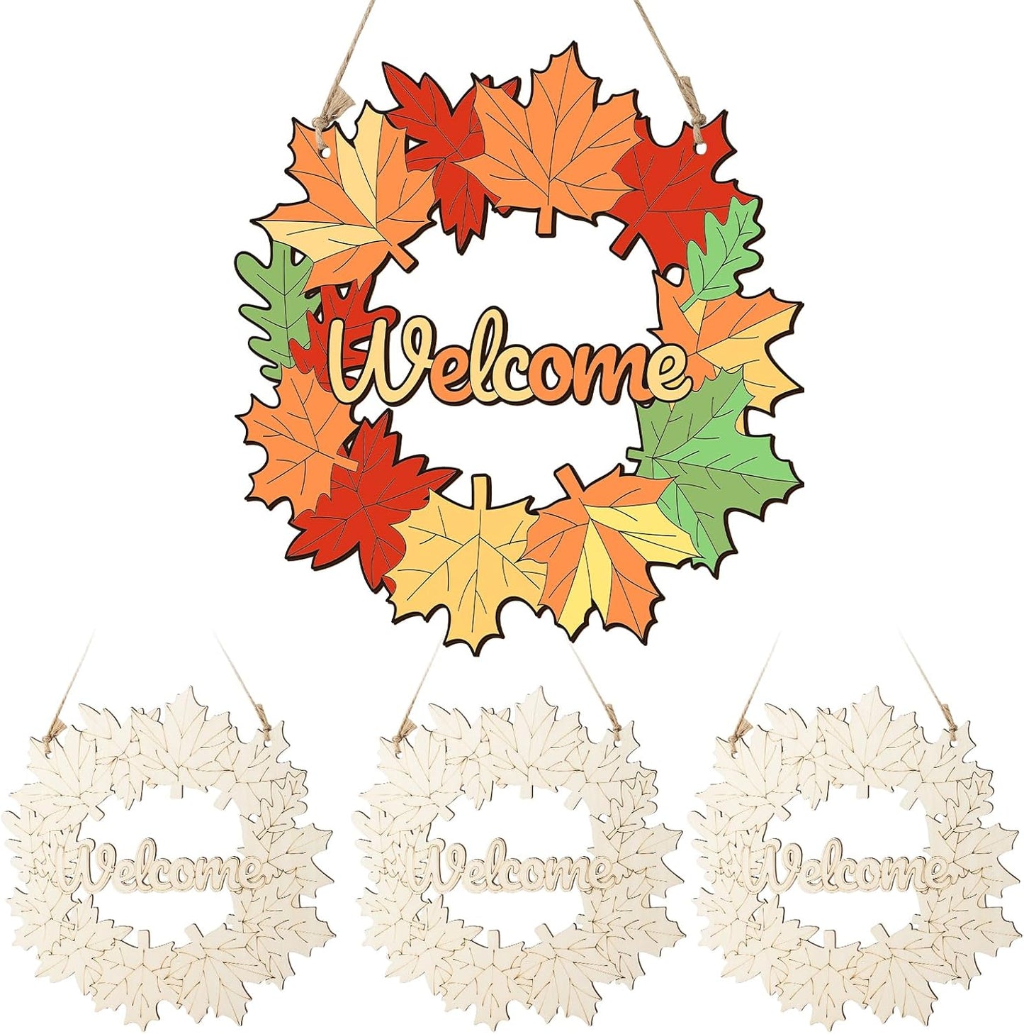 Unfinished Fall Wreaths Wood Crafts to Paint Set of 3, 11" Bulk Fall Leaves Wreath Ornaments for Painting, Unfinished Wood Cutouts DIY Ornaments for Front Door with Ropes (Maple)
