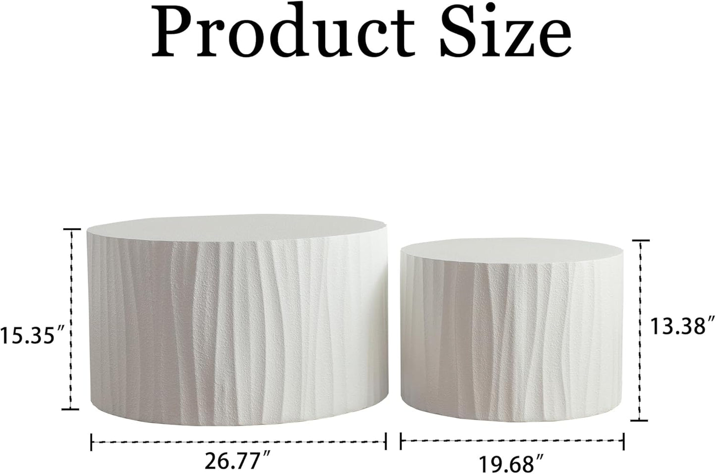 Nesting Round Coffee Table Set of 2, 26.77" (W) Circle Accent End Table with Water Ripple Pattern, Morden Drum Side Table, Wooden Center Table for Living Room, Fully Assembled - White