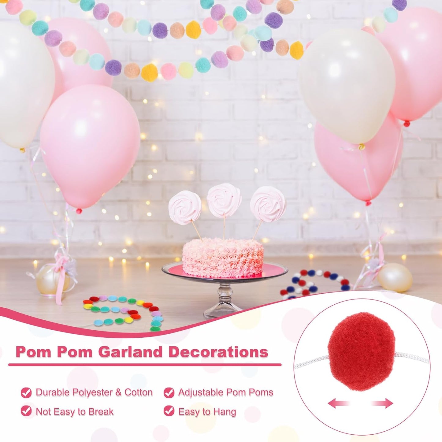 PATIKIL 13Ft Pom Pom Garland Decorations, 2Pcs Colorful Felt Ball Garland Banner Cute Rainbow Pompom Hanging Decorations for Tree Ornaments Homes Decor, Multicolor