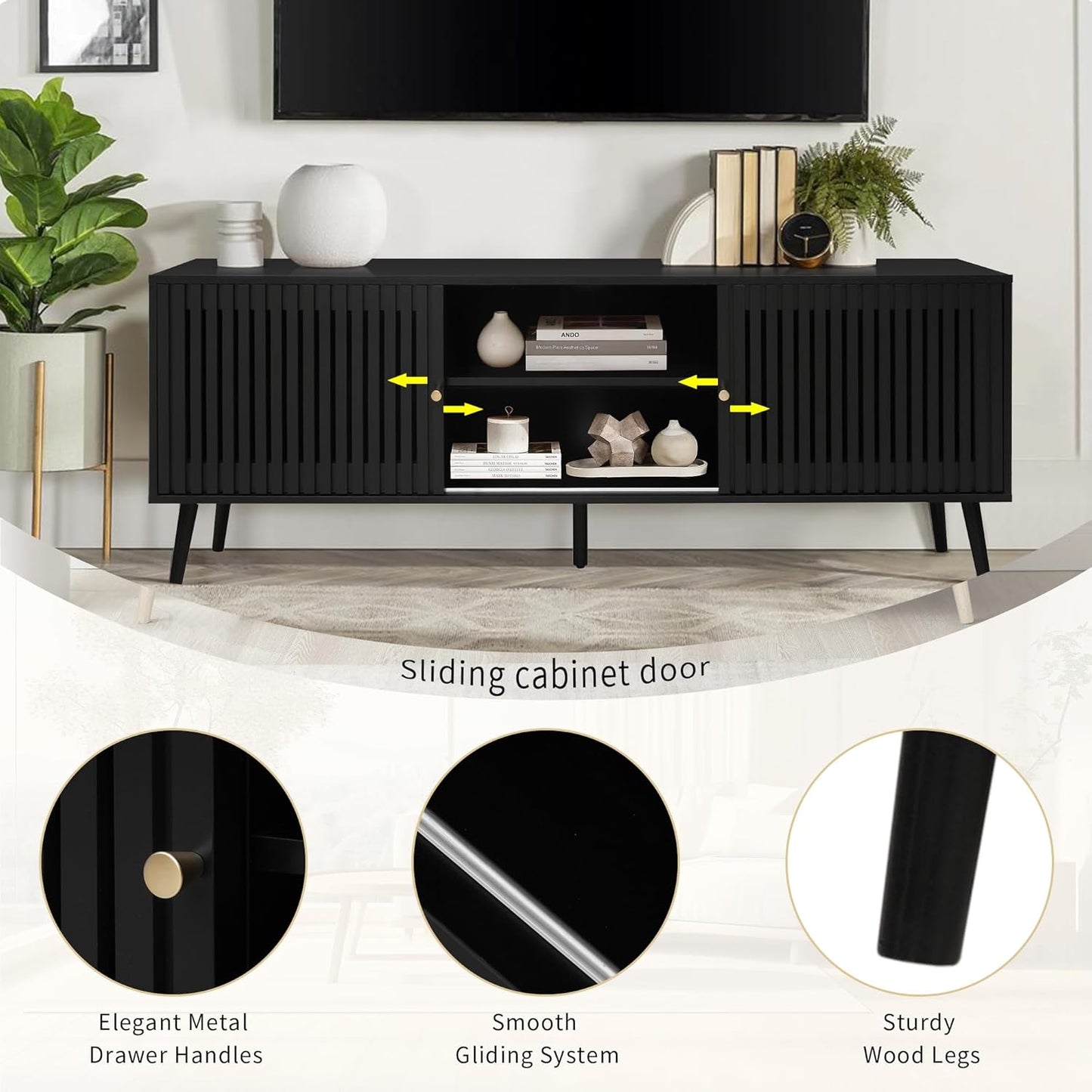 Mid Century Modern TV Stand for Televisions up to 70 Inches, with Sliding Doors and Storage, Television Stands, TV Consoles, Media Consoles for Living Room, 63 Inch (Black)