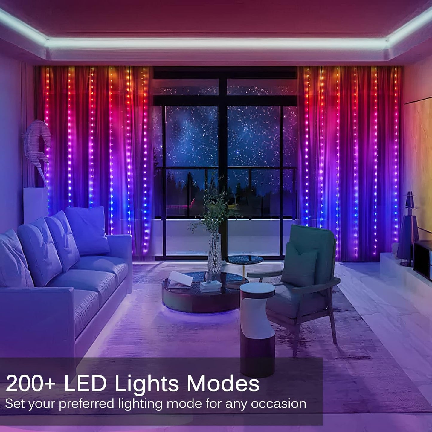 Curtain Lights, 10ft x 6ft 300 LED RGB Color Changing String Fairy Lights Curtain Waterproof, Smart APP & IR Control, 200+ Scene Modes for Bedroom Backdrop Indoor Outdoor Christmas Decoration