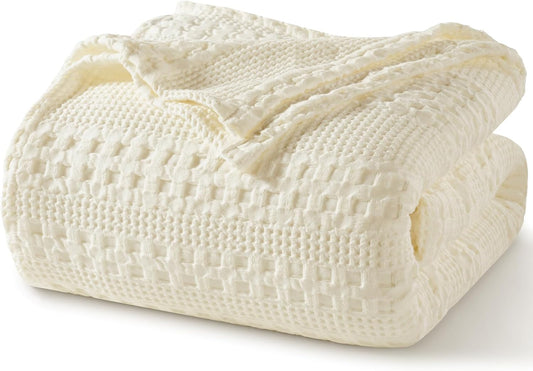 PHF 100% Cotton Waffle Weave Blanket Twin Size, Soft Lightweight Breathable Cozy Summer Blankets for Bed, Luxury Aesthetic Woven Bedding for Home Decor, 66"x90", Cannoli Cream