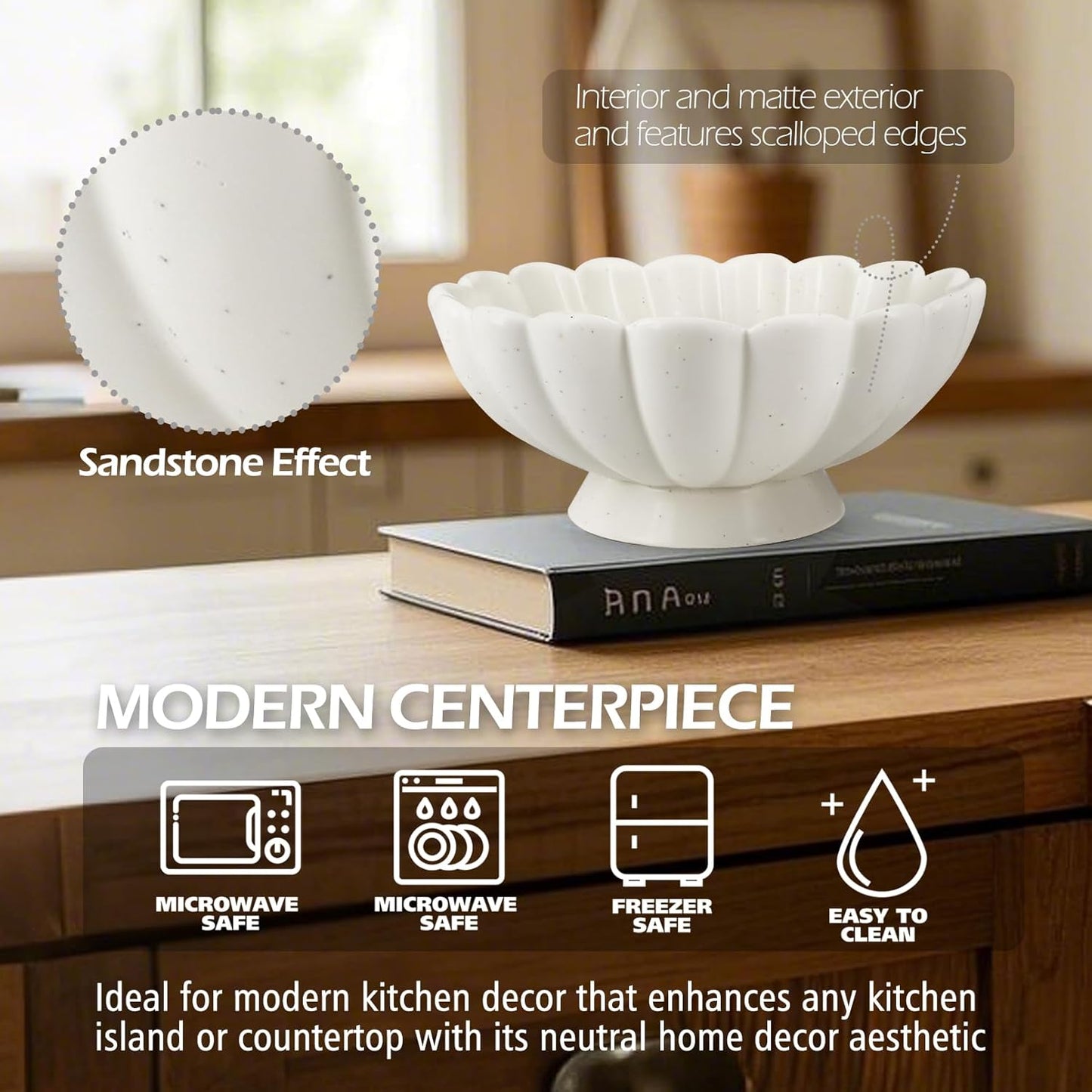 Accessoryway 8" White Fluted Scalloped Decorative Bowls -Moderate Ceramic Fruit Bowl for Kitchen Counter, Elegant Wavy Edge Centerpiece Bowls for Home Decor, Perfect for Housewarming &Wedding Gift