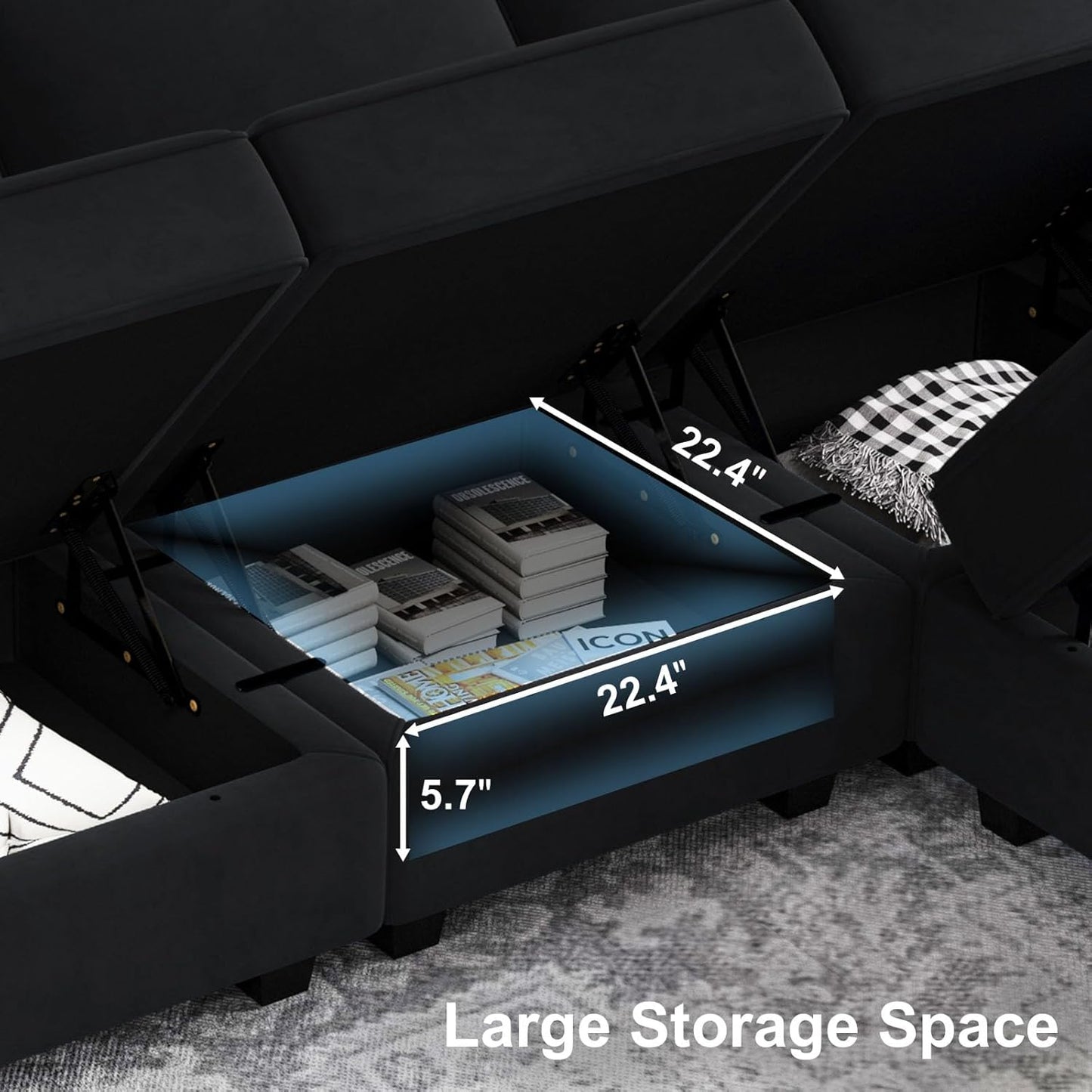 Belffin Modular Sectional Arm Accent Chair with Storage Seat Velvet Armchair Single Sofa Club Chair Black