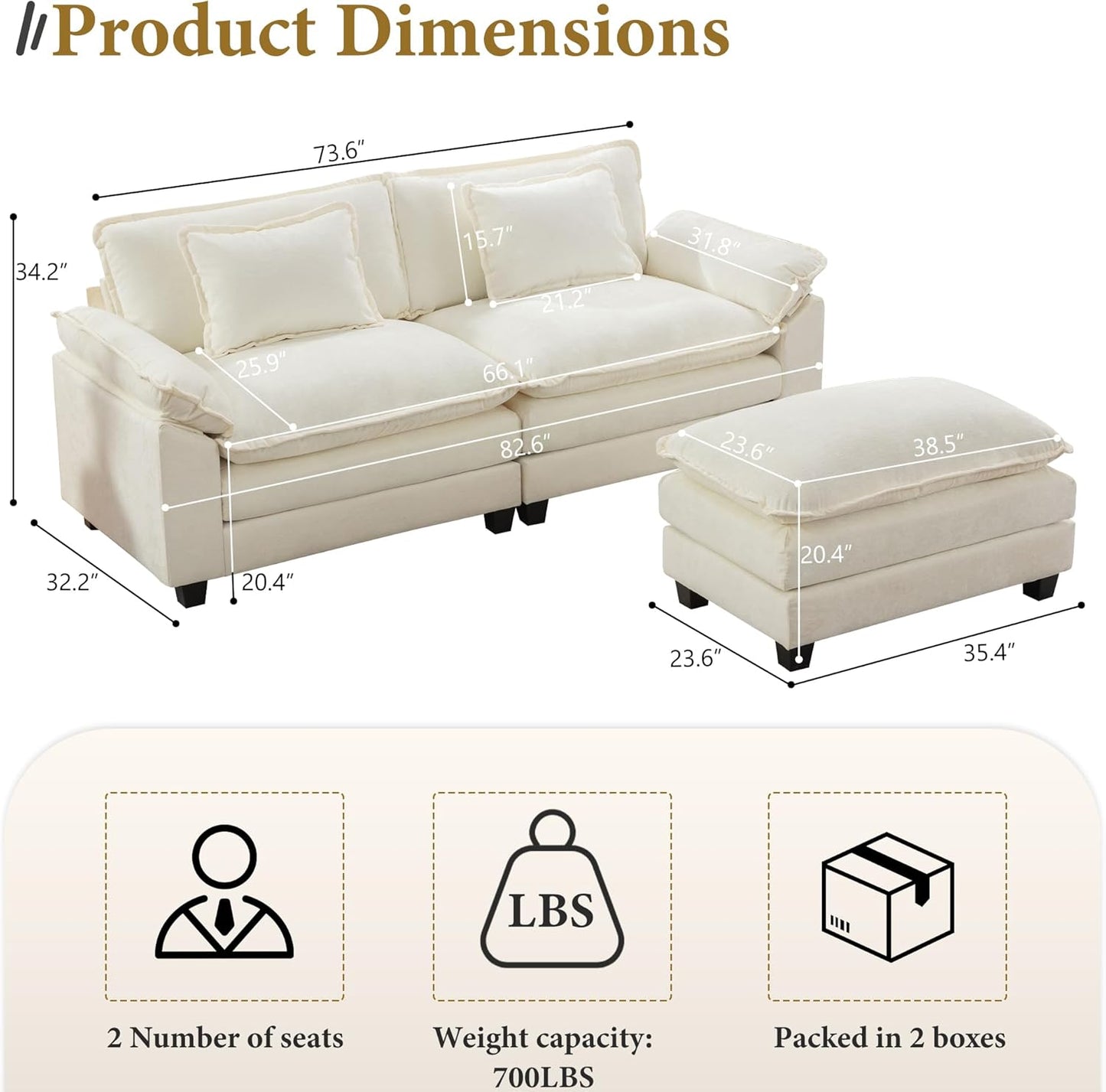 URRED Modular Sectional Sofa Comfy Cloud Couch, Modern Chenille Sofa Sleeper Deep Seat Couches with Ottoman/Pillows for Living Room (White, 82.6''- L Shape)