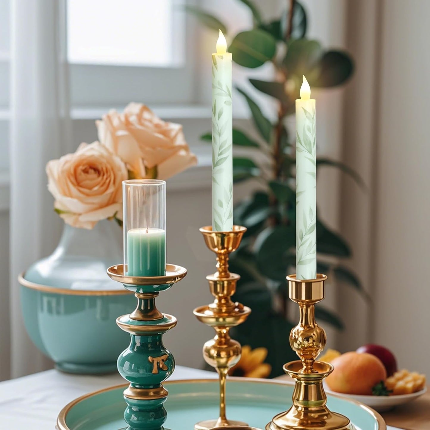 Willow Leaf Flameless Taper Candles with Remote & Timer Real Wax LED Taper Candles Flickering Candlesticks Battery Operated Candle for Home Wedding Party Summer Fall Christmas Decor 2 Pack 9.6"