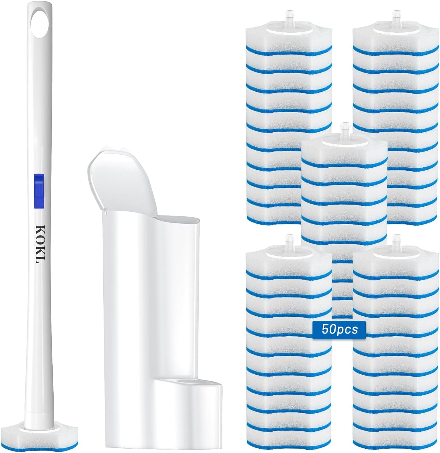 KOKL Disposable Toilet Brush, Toilet Bowl Cleaner Brush with 50PCS Toilet Brush Refills, Toilet Cleaner Refill Pads, Disposable Toilet Bowl Brush and Storage Caddy for Bathroom Cleaning(1-Set)