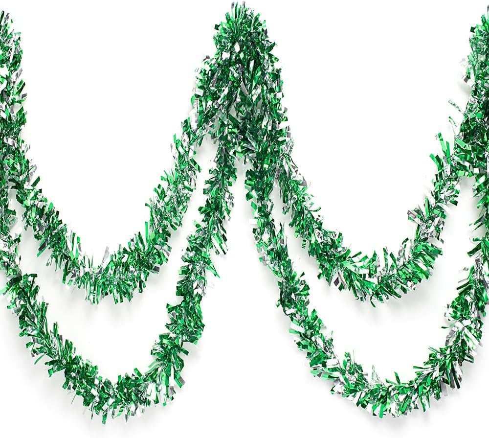 Anderson's Green & Silver Sparkle Glitter Metallic Tinsel Twist for Trailer Or Golf Cart, 4 inches Wide x 25 ft Long, Christmas, Birthday, Patriotic and Holiday Garland Decor for Parties and Parades