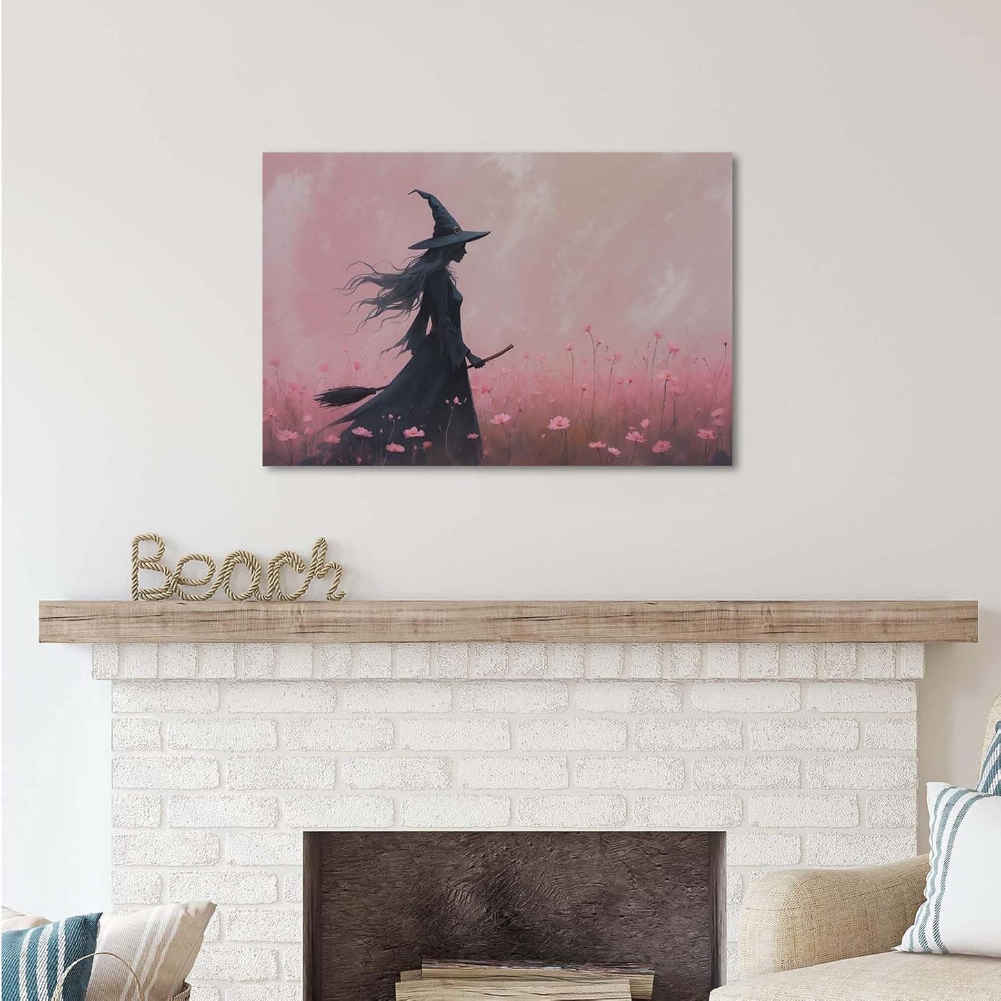 JFHCQJPK Witch in the pink sea of flowers Halloween prints weird flowers wall art silhouette painting fashionable romantic decoration suitable for bedroom24x36in Frameless