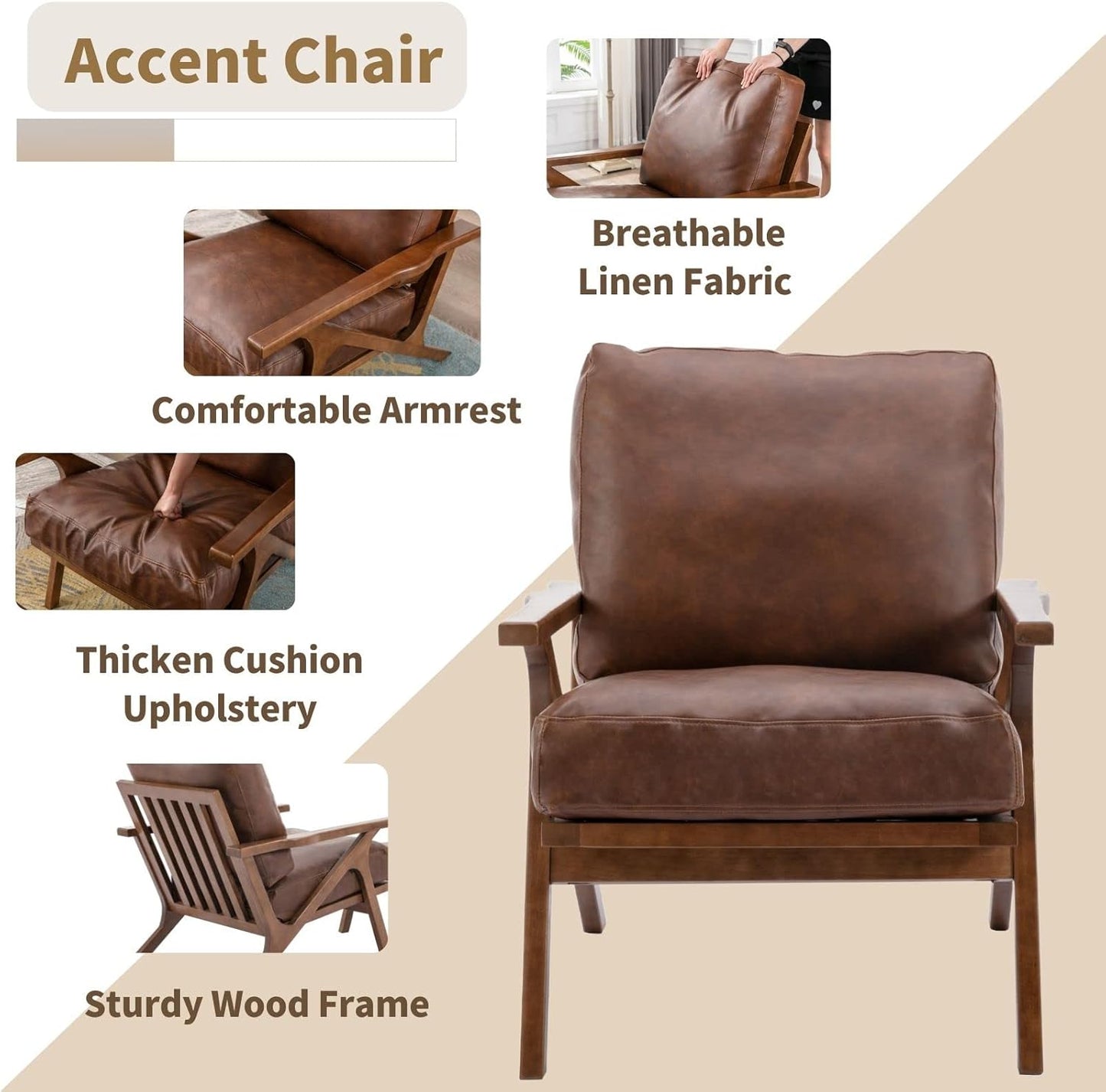 HNY Mid Century Arm Chair, Retro Accent Armchair with Wood Frames & Faux Leather Upholstered Removable Cushions, Leisure Reading Chair Slipper Chair for Living Room Bedroom, Brown