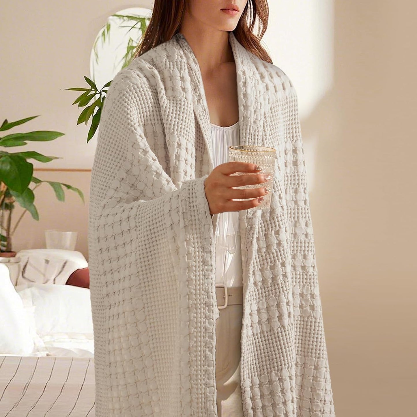 PHF 100% Cotton Waffle Weave Throw Blanket, Soft Lightweight Breathable Cozy Summer Throws for Couch Bed Sofa, Luxury Aesthetic Woven Blanket for Home Decor & Office, 50"x60", Oatmeal