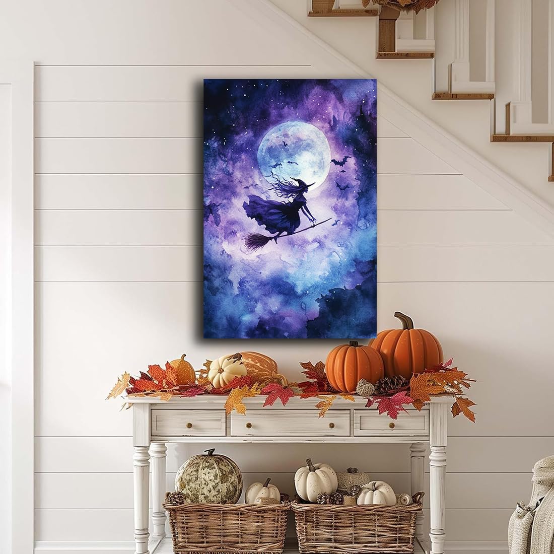 Witch On Broom Flying Wall Art,Gothic Halloween Canvas Wall Art,Victorian Witch Silhouette In Moonlight Broomstick Poster Pictures,Creepy Halloween Purple Night Sky Print,8"x12" Framed