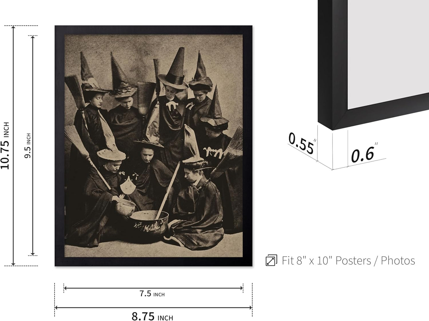Poster Master Vintage Photograph Poster - Retro Halloween Print - Gift for Artist, Friend - Witches Cooking, Pointy Hats, Broomsticks, Black Magic - Wall Decor for Bedroom, 8x10 Black Framed