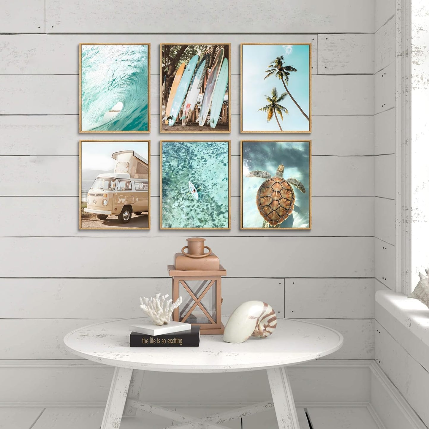 Laywhq Coastal Beach Wall Art Summer Ocean Surf Tropical Canvas Wall Decor Summer Nautical Palm Tree Turtle Surfboard Bus Room Paintings Prints Posters for Bedroom Living Room Set of 6 8x10in Unframed