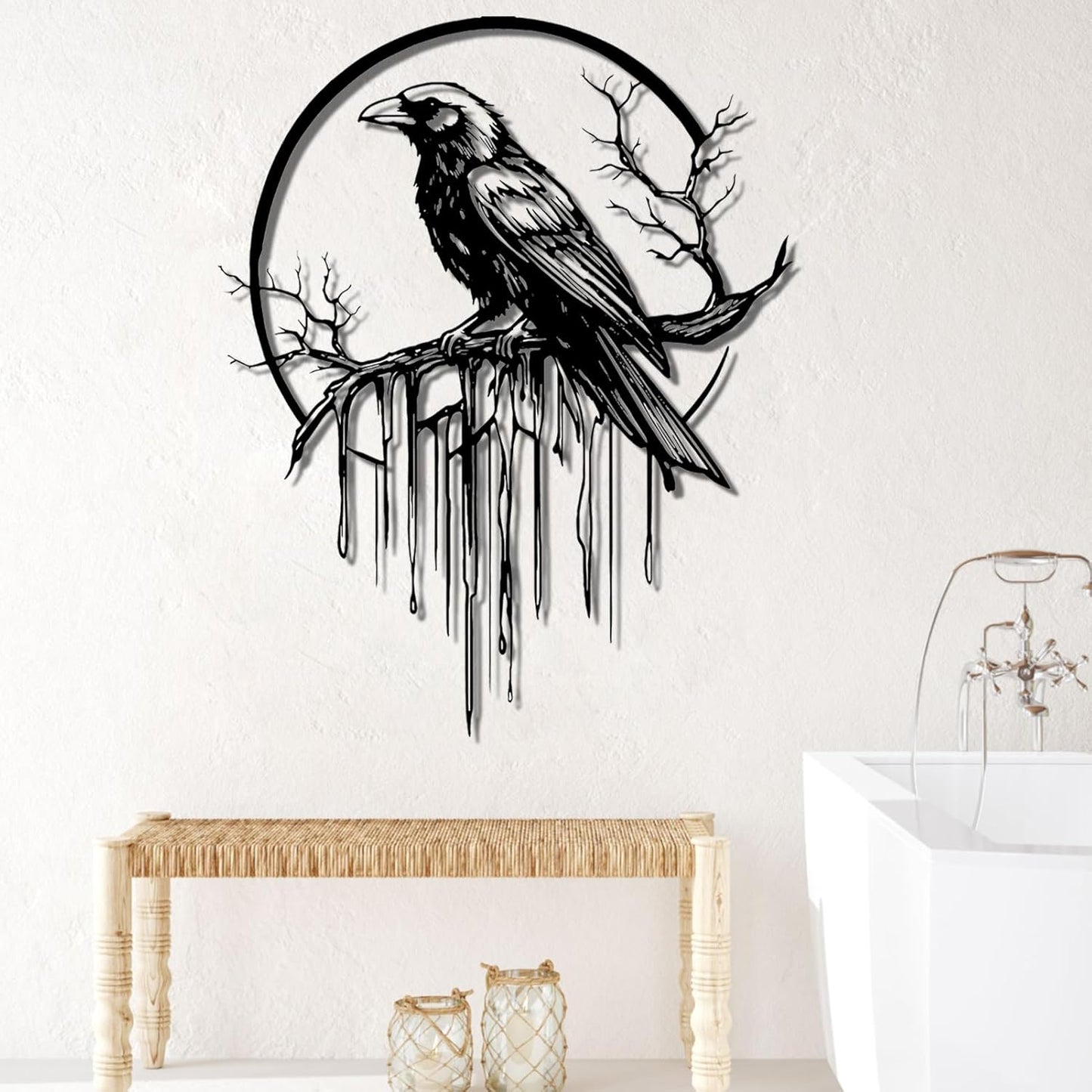 Crow Metal Wall Decor, Raven Wall Art, Large Gothic Raven Decor Hangings, Bird Wall Decor, Metal Tree Branch Decor, Ravens Sign, Raven Art for Living Room (Black, 28"x22" |70x56cm, metal wall art)