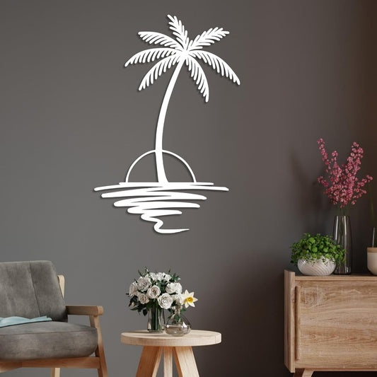 Metal Palm Tree with Sunset Wall Art, Large Outdoor Wall Decor, Tropical Beach Coastal Decor for Living Room, Bedroom, Garden Home Wall Sign, Perfect Metal Wall Art for Beach House, Coastal Theme, and Home Decoration (White, 48 x 40 inches)