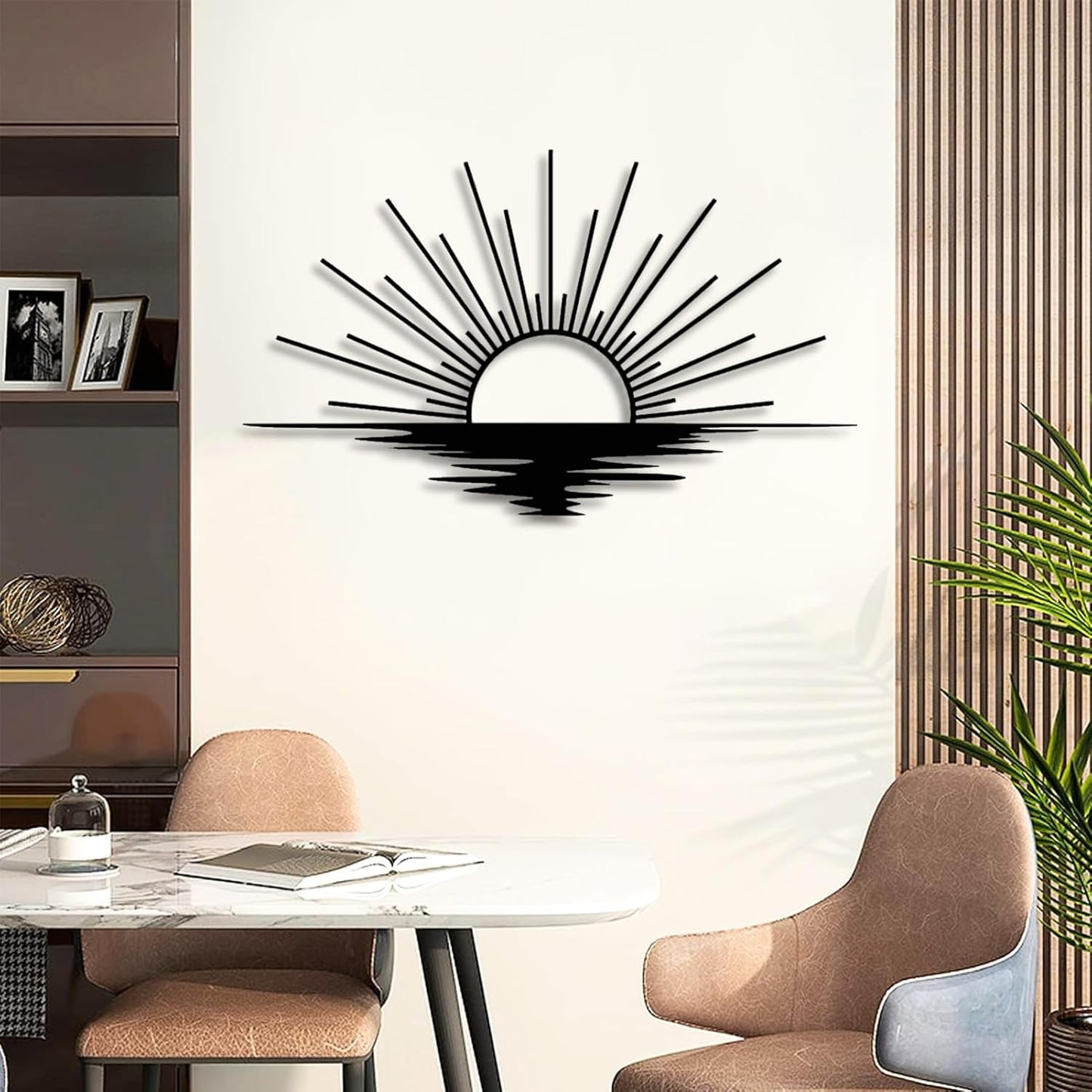 Yemwot Sunrise Metal Wall Art, Metal Sun Wall Decor Outdoor, Sea Sparkle Decor, Boho Sun Art, Sunshine Sign, Living Room Bedroom Hangings (White, 24"x 17"| 62x37cm)