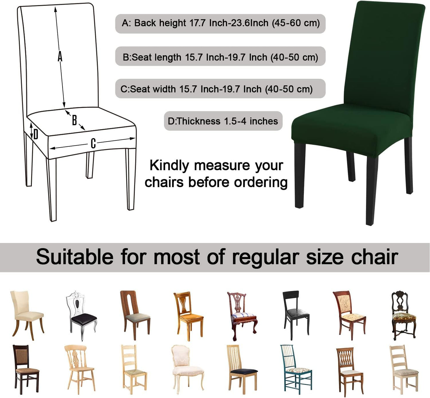 JQinHome Chair Covers for Dining Chairs, High Stretch Removable Washable Chair Protector Cover Set of 6, Chair Slipcovers for Dining Room, Kitchen,Home Party,Wedding Ceremony(Hunter Green, 6PC)