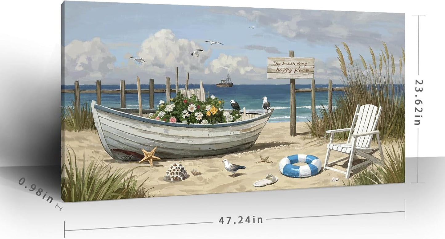 amatop Large Coastal Wall Art Nautical Beach Canvas Art Print Flower-Filled Boat on Sand Ocean Waves Seaside Seascape ArtworkSea Birds Marine Picture Home Decor for Living Room Bedroom Office 48×24 Inch