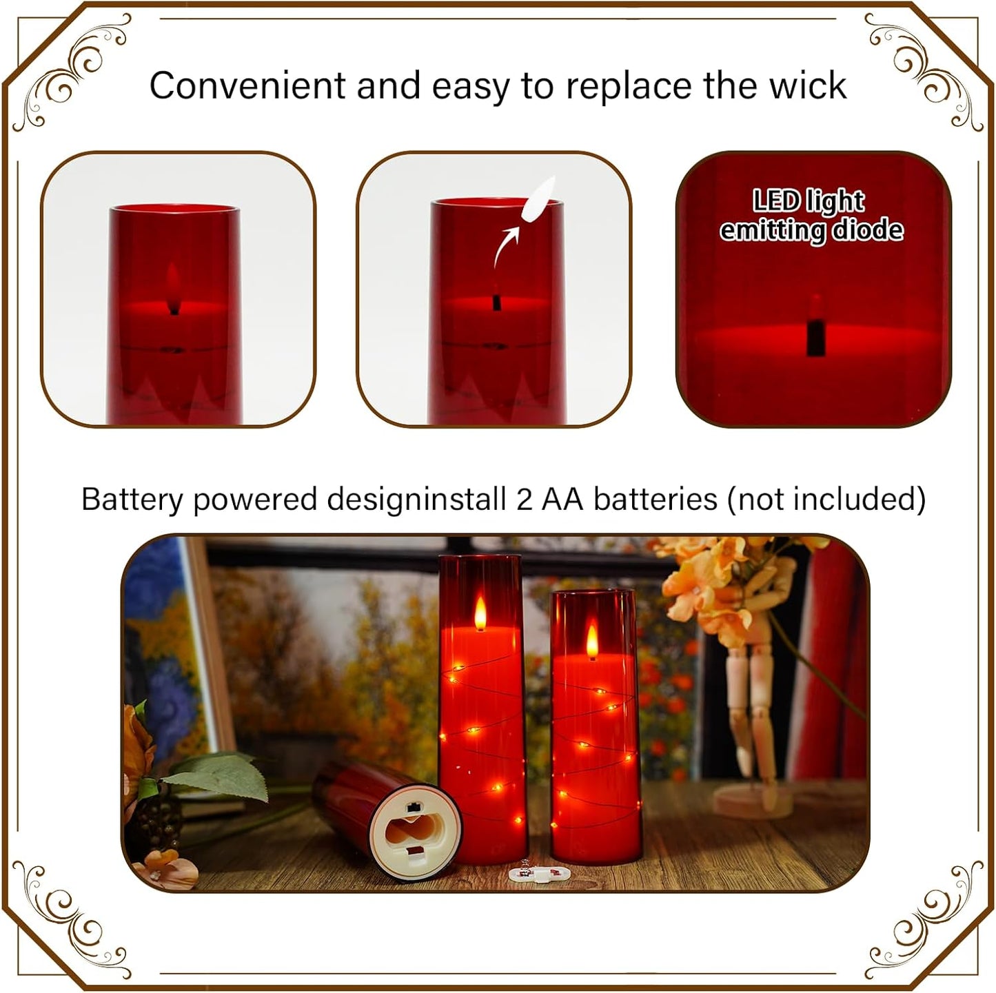 Flickering Flameless LED Candles,Battery Operated Candles 9 Pcs with Embedded Star String,Acrylic LED Pillar Candles with Remote,Suitable for Home Decoration to Create an Atmosphere（Red）