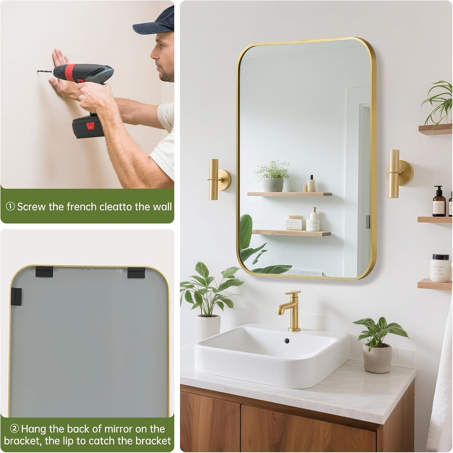 FARMER 20x28 Inch Gold Bathroom Mirror, Rectangle Vanity Mirror, Brushed Mirrors for Wall, Metal Frame Hanging Mirror with Round Corner for Bedrooms, Entryways, Living Rooms, Horizontal/Vertical