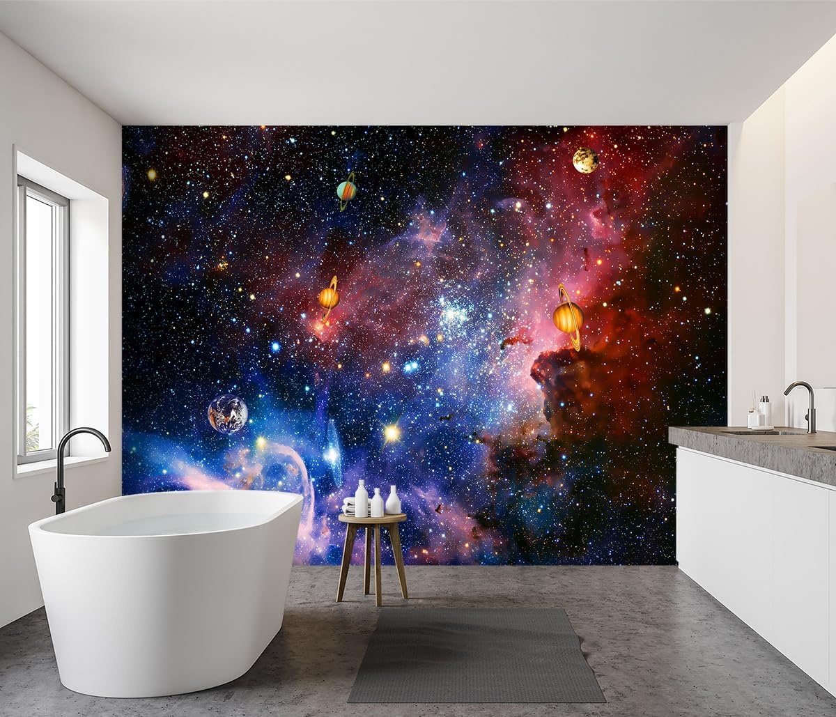 -Galaxy Universe Planet Ceiling Fabric Wallpaper Boys Girls Nursery Starry Sky Children Bedroom Bathroom Large Mural- 160"x108"（ not Peel and Stick）