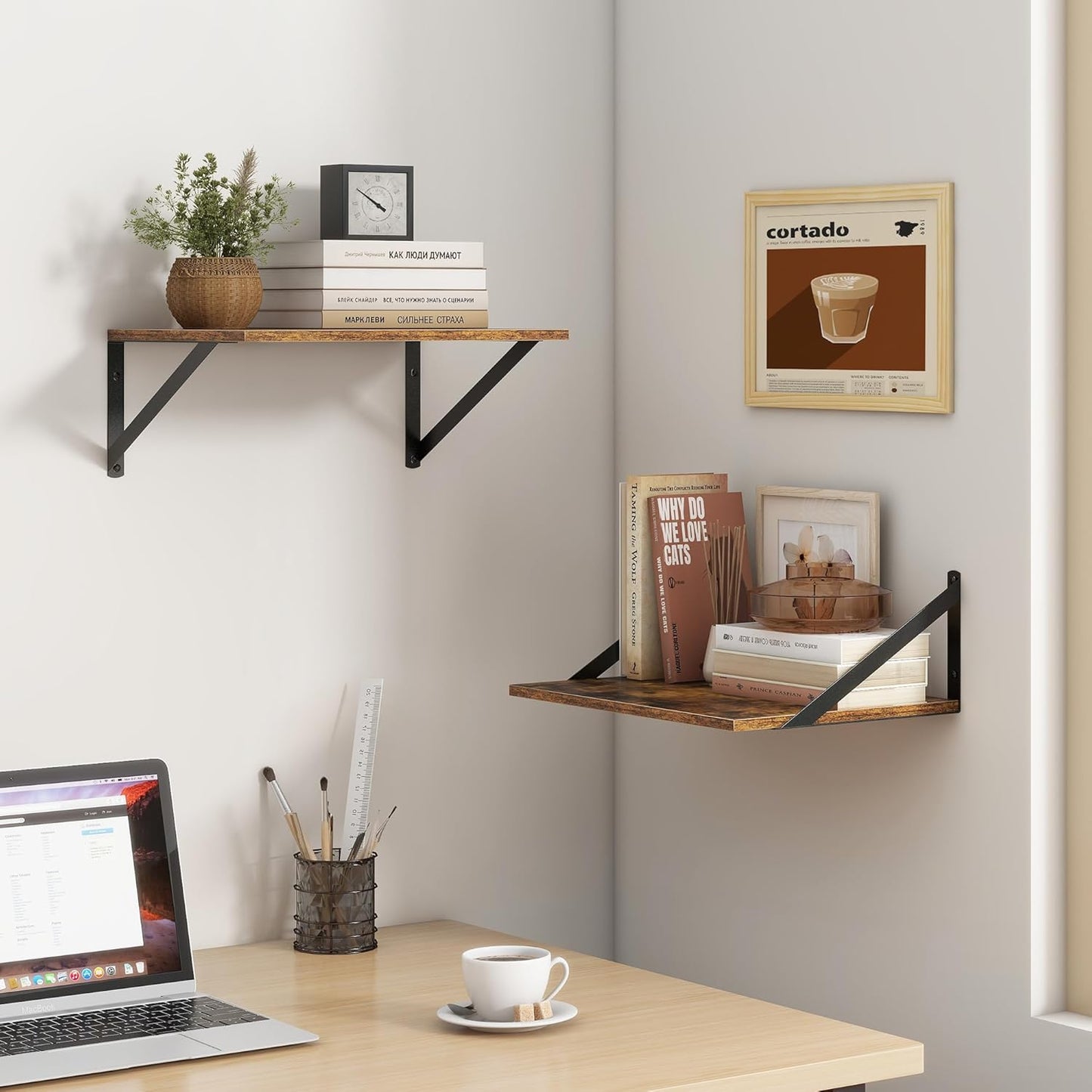 Deep Floating Shelves for Wall, 12 Inch Deep Floating Shelves Set of 2, 16"W x 12"D Wall Shelf, Wide Display Ledges Shelves for Bedroom, Bathroom, 12 Deep Bookshelf Wall Mounted - Rustic Brown