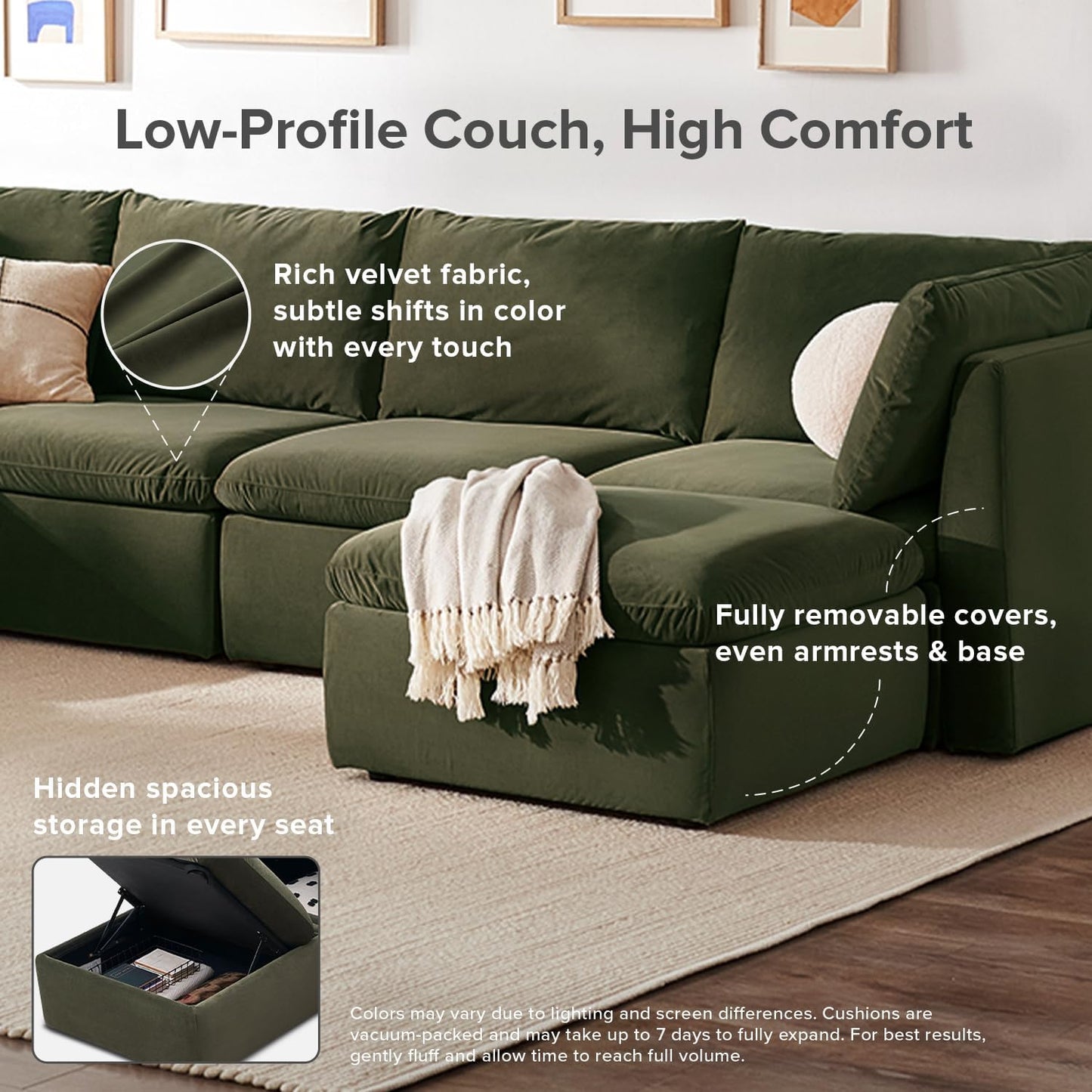 mopio Oversized Modular Sectional Sofa with Fully Removable Covers and Storage, Convertible U, L-Shaped and Sleeper Sectional, Modern Couches with Ottoman Chaise (Olive Green Velvet, 3 Seater)