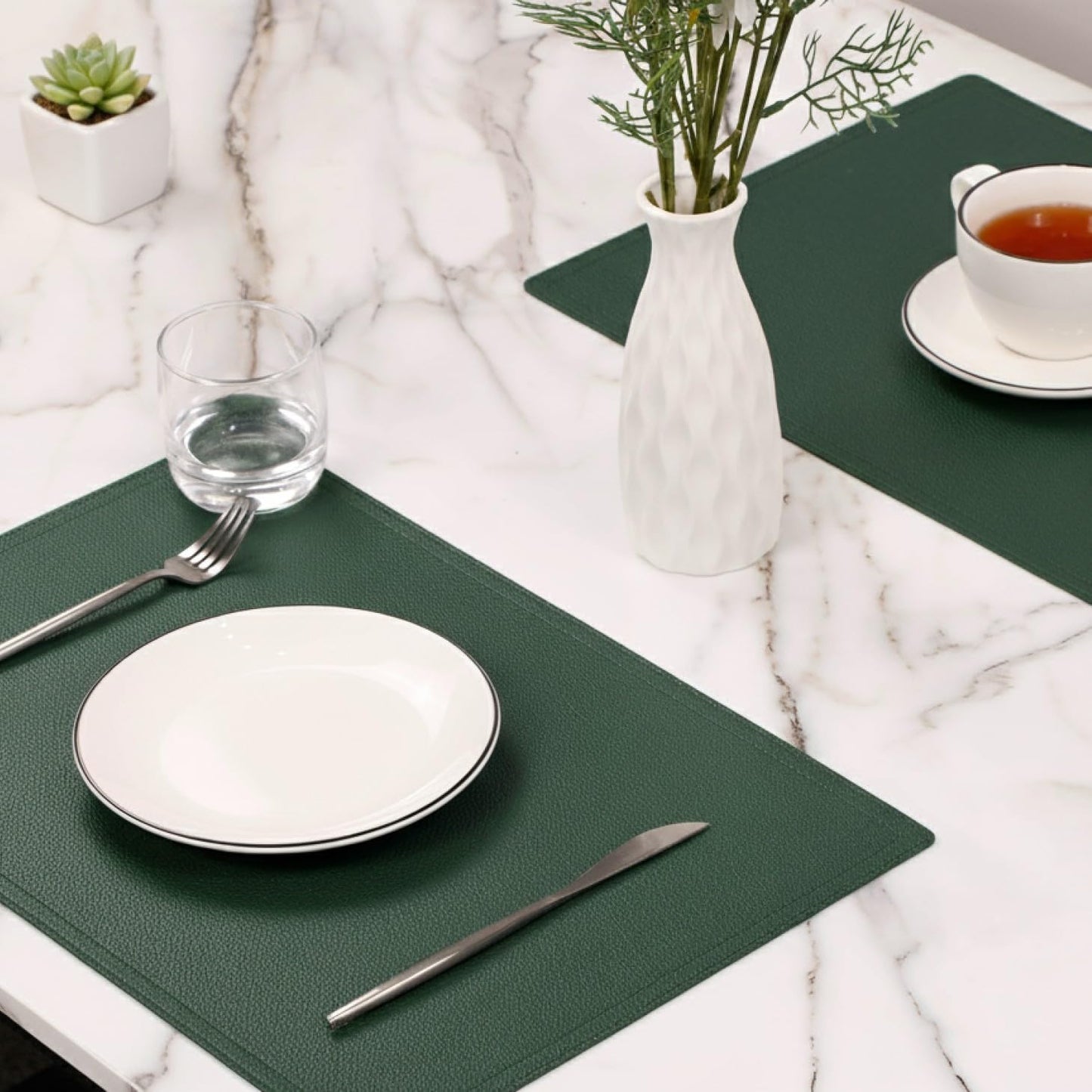 Vinyl Waterproof Placemats, PU Table Mats, Set of 4, Stain Resistant, Heat Resistant, Non-Slip Easy to Clean for Kitchen Dining Table,Conference Table C Green Rectangle