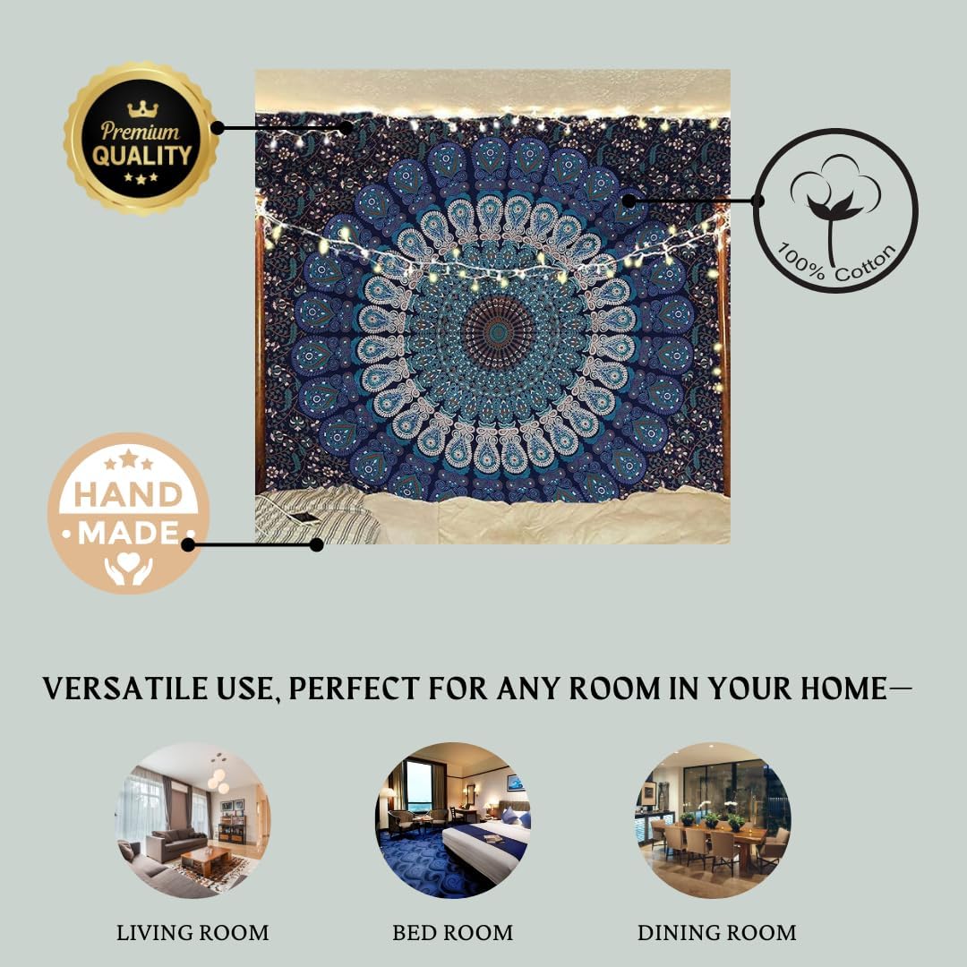 Bless International Handmade Indian hippie Bohemian Psychedelic Peacock Mandala Wall hanging College Dorm Beach Throws Table Cloth Bedding Tapestry (Golden Red, Medium(54x60Inches)(137x152cms))