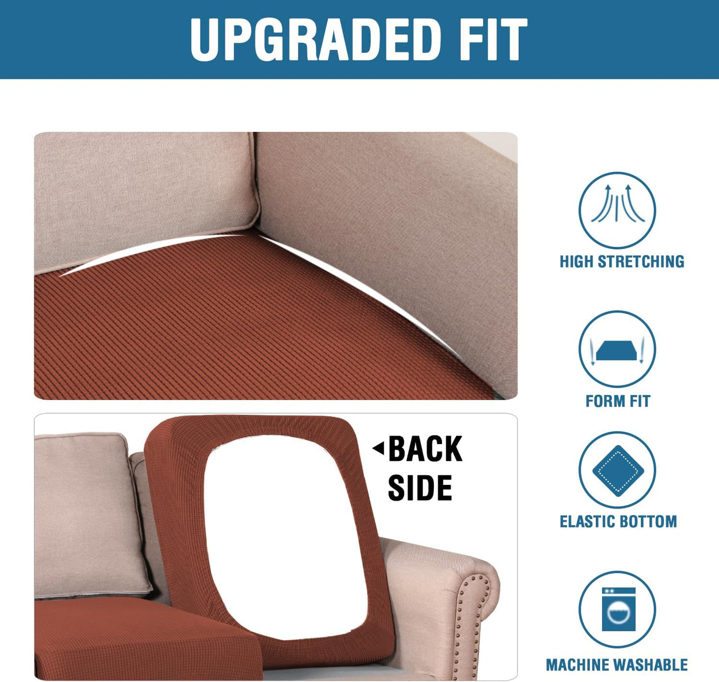 H.VERSAILTEX Super Stretch Individual Seat Cushion Covers - Sofa & Couch Cushion Slipcover Sets - Thick Jacquard Textured Twill Fabric (3 Piece, Rust)