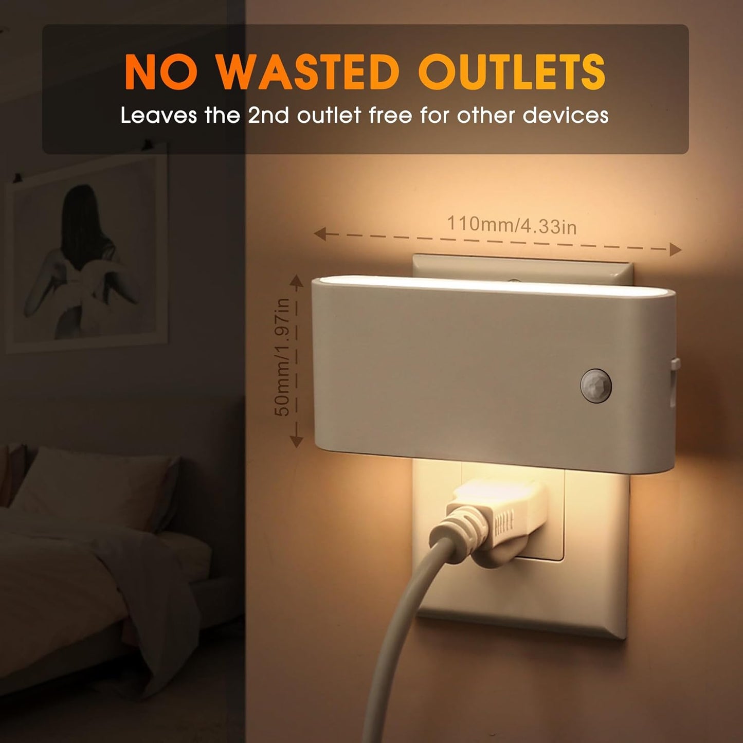 LED Night Light Motion Sensor 2 Pack, Motion Activation Night Lights Plug into Wall, Auto On Off, 0-100LM Dimmable Night Light Plug in, 3000K Warm White LED Nightlight for Kids Bedroom Hallway