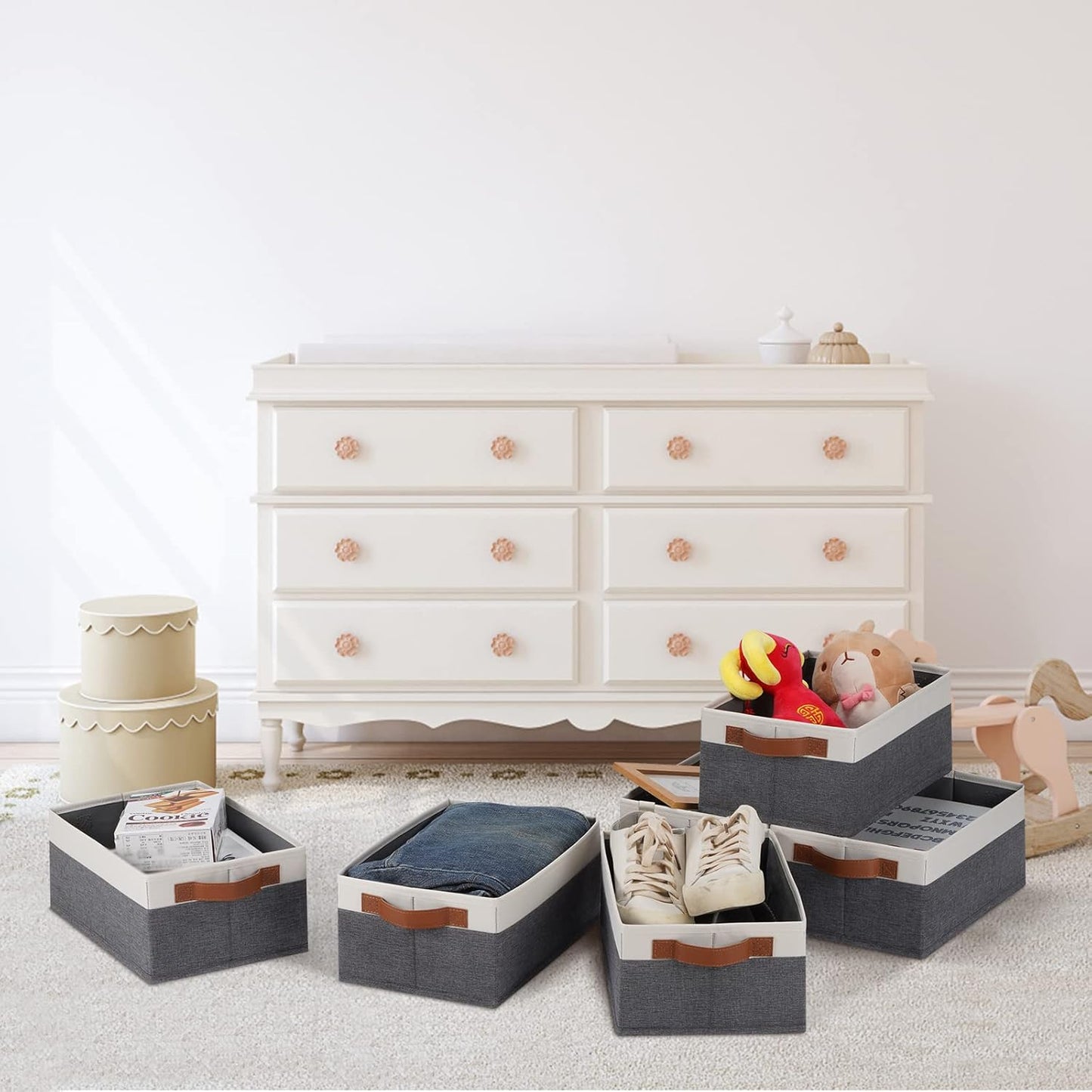 GhvyenntteS Small Fabric Storage Bins with Handles 6 Pack, 11.8" x 7.87" x 5.11" Storage Baskets for Shelves, Baskets for Organizing Clothes Underwear Socks Hats DVDs (Grey/White)